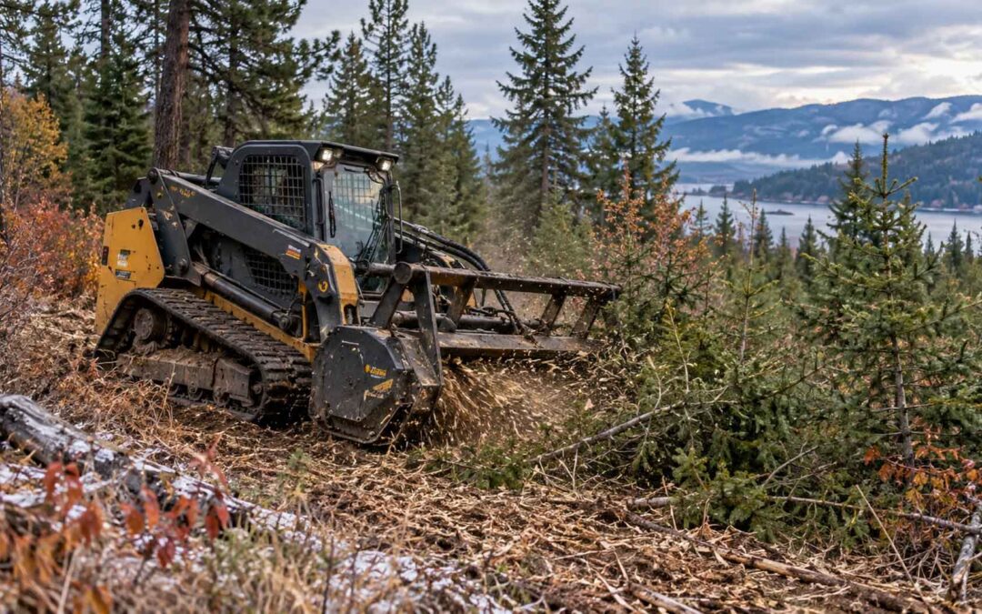 Tracked forestry mulcher clearing brush in a Pacific Northwest forest